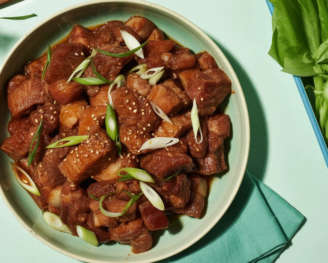 Deliciously grilled Korean pork belly served with kimchi and dipping sauce.